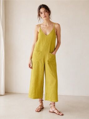 Parfois Women Chartreuse Yellow Gauze Cotton Relax Jumpsuit XS-S Boho Folk